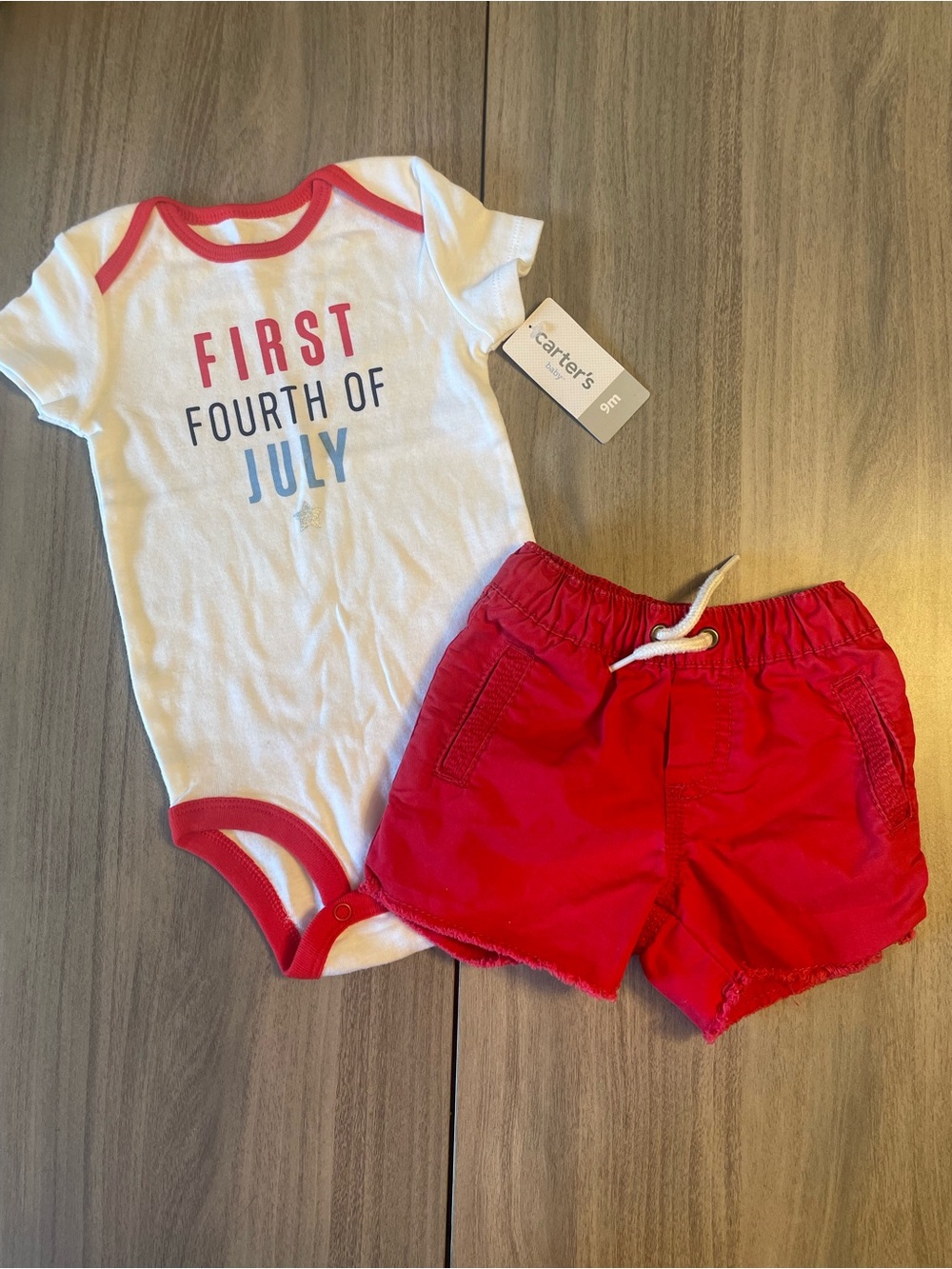 Carter’s First Fourth of July Outfit 9M Onesie + Red Shorts Patriotic Boy Girl